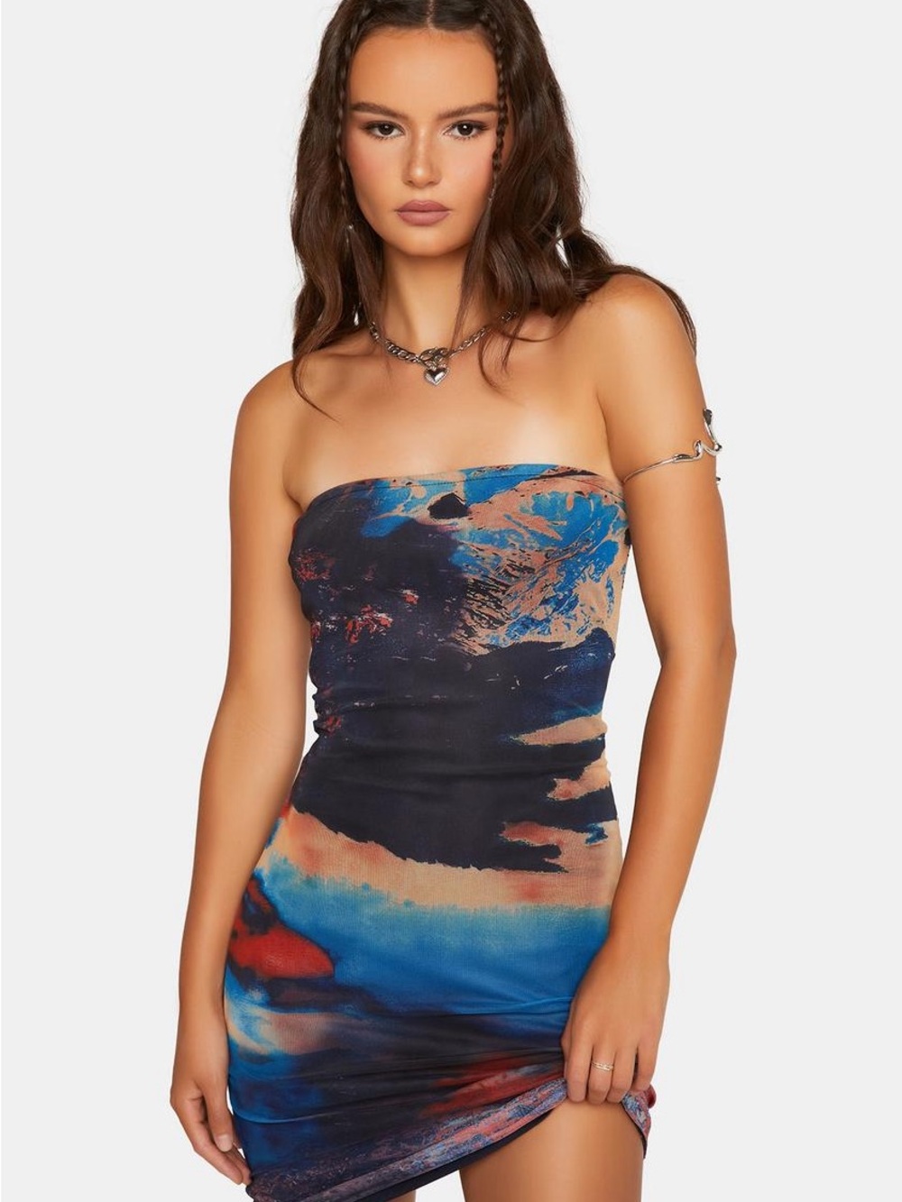 SCENIC PRINT MESH STRAPLESS MINI DRESS